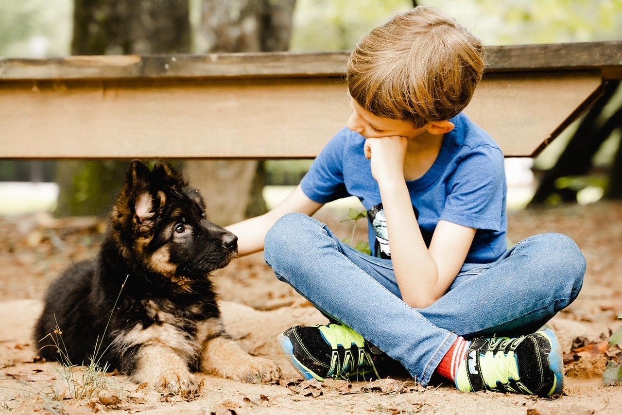 Young person seated outdoors beside a German Shepherd puppy