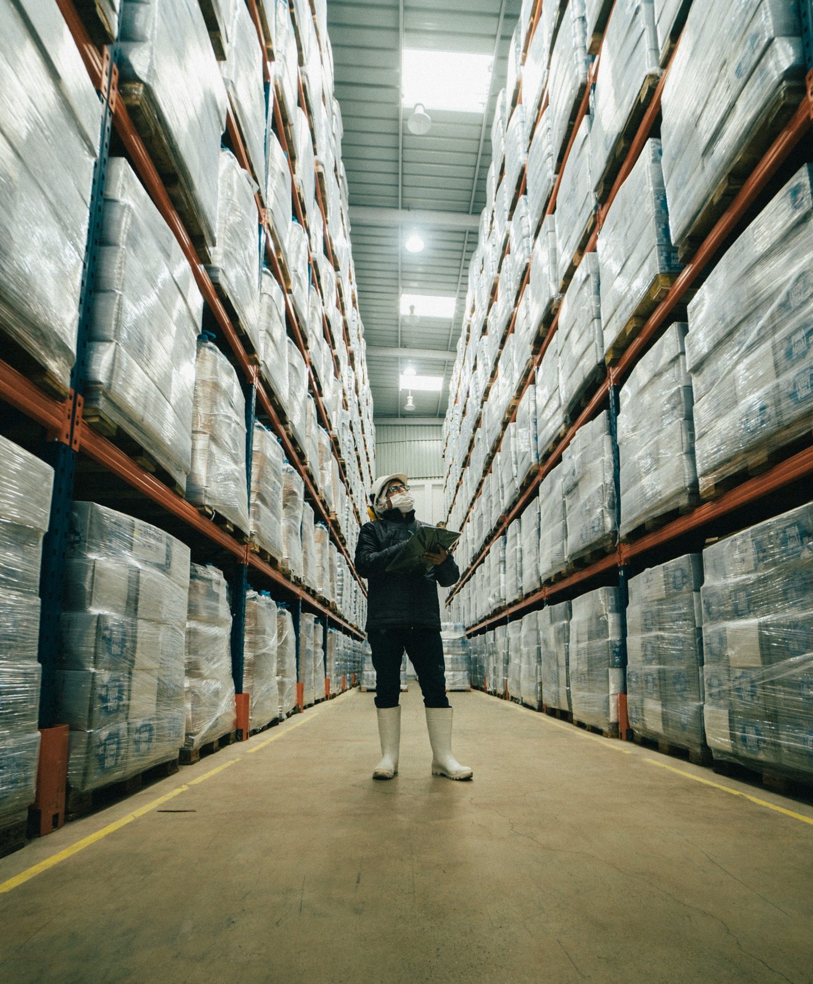 Warehouse aisle with palletized packaged inventory