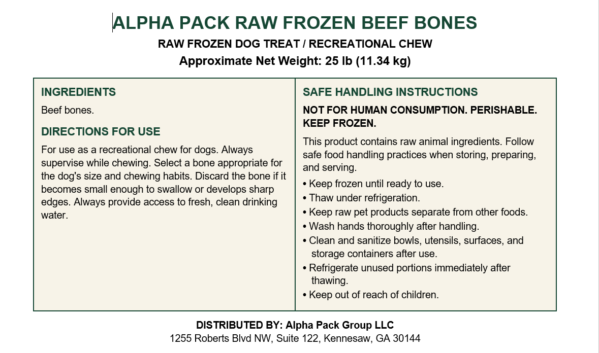 Alpha Pack Raw Frozen Beef Bones product label, approximate net weight 25 lb