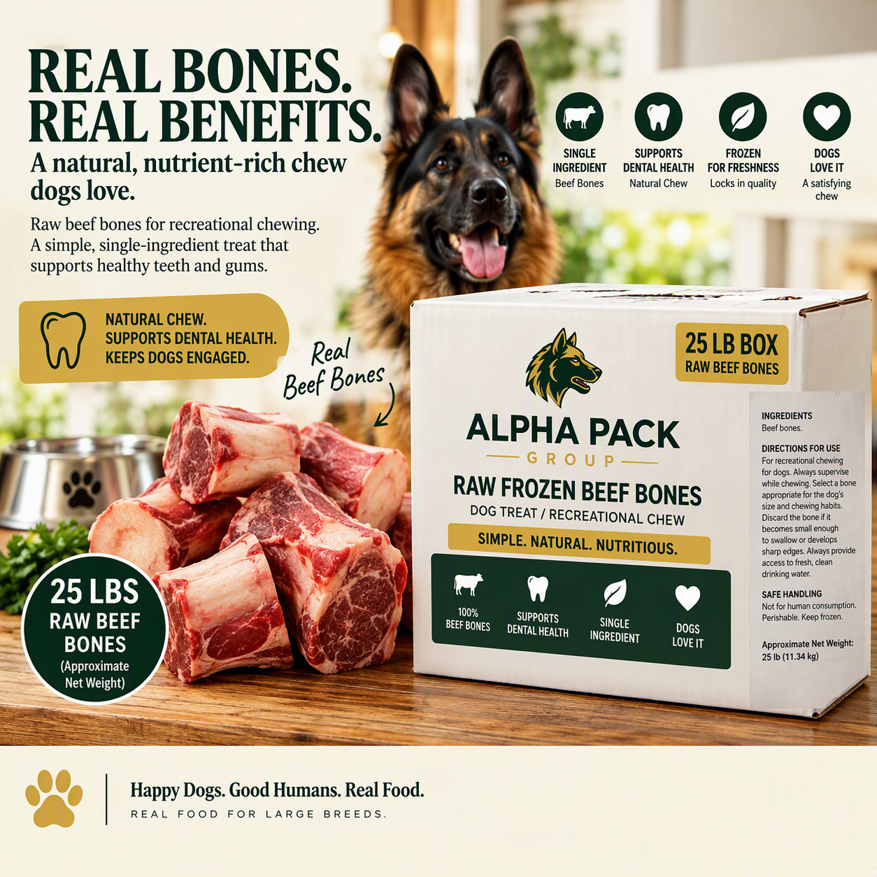 Alpha Pack raw frozen beef bones for dogs, approximate 25 lb box