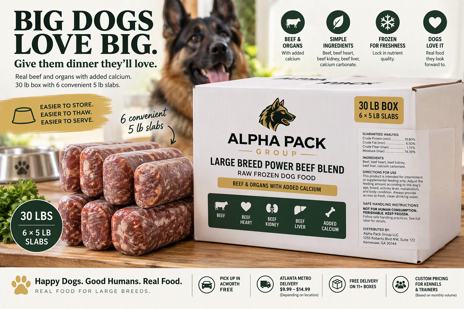 Alpha Pack 30 lb beef blend box with six 5 lb rolls